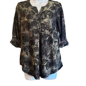Chances R Black Tan Floral Burnout Sheer Roll Tab Sleeve Blouse Top Small Boho